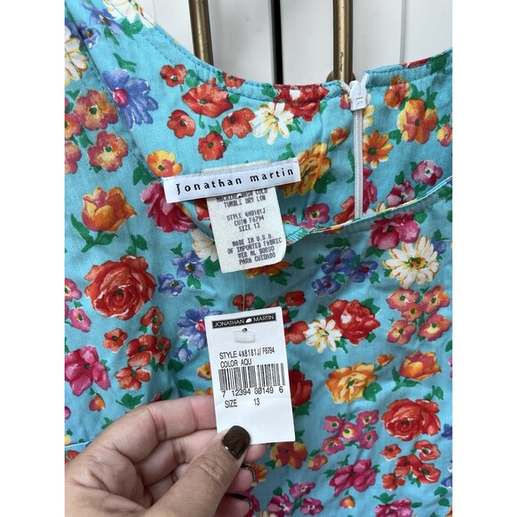 Jonathan Martin Vtg Floral Cap Sleeve Dress Blue Cotton Sz 13 Women's NWT NOS - Picture 2 of 6